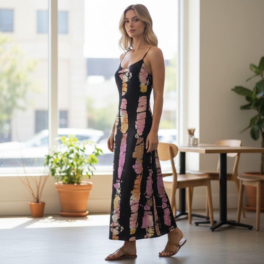 BUSAYO Collective Slip Dress‎ Women Size XS Black Purple Tie Dye Midi 90s Beach